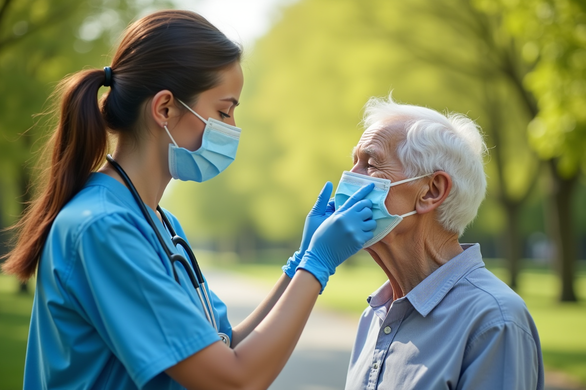 Professionnel de santé aidant une personne âgée à mettre un masque en plein air