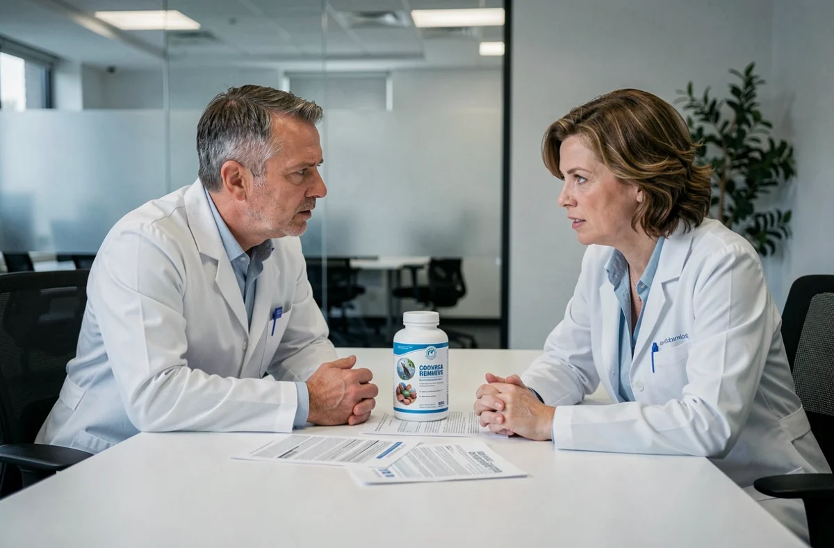 Deux professionnels de santé discutant de l'avis médical sur le complément Lumilean lors d'une réunion clinique