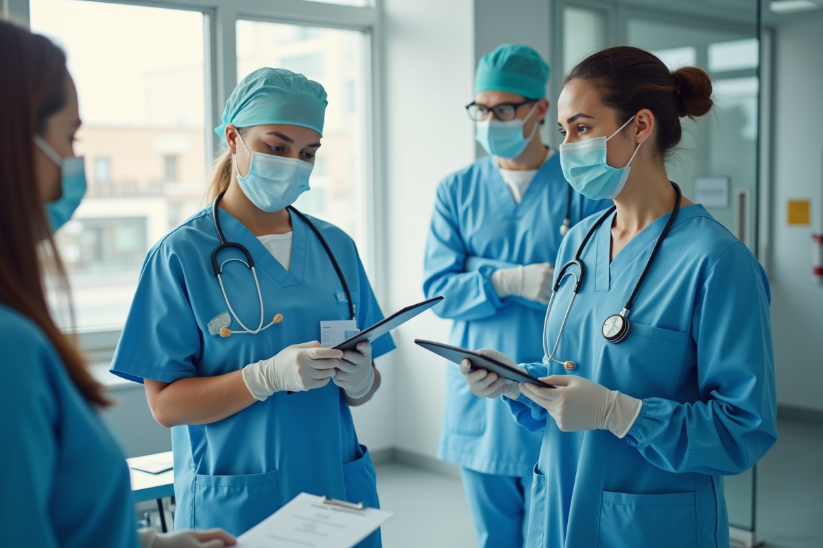 Professionnels de santé en hôpital portant masques et gants