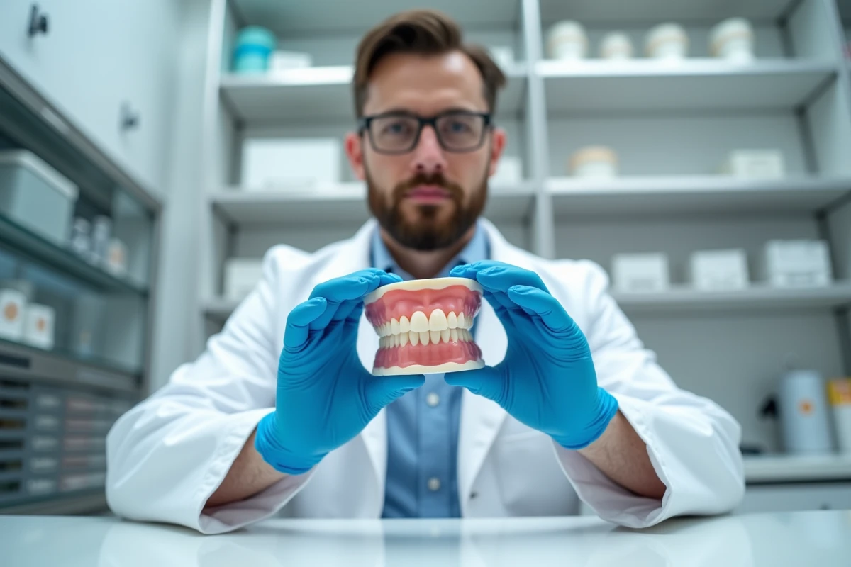 Prothésiste dentaire examinant un dentier sans palais dans un laboratoire dentaire moderne