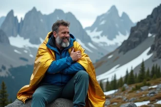 Homme randonneur avec couverture de survie en montagne