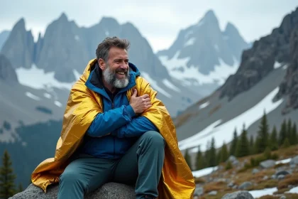 Homme randonneur avec couverture de survie en montagne