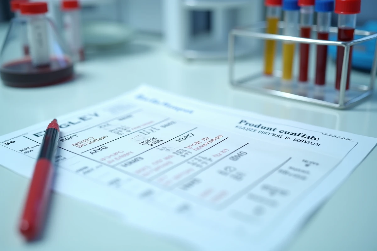 Rapport d'analyse biologique avec valeurs de transaminases SGPT sur un plan de travail de laboratoire médical