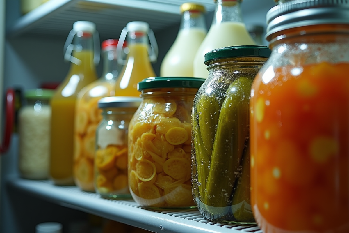 Etagere de refrigerateur avec divers aliments fermentes en bocaux