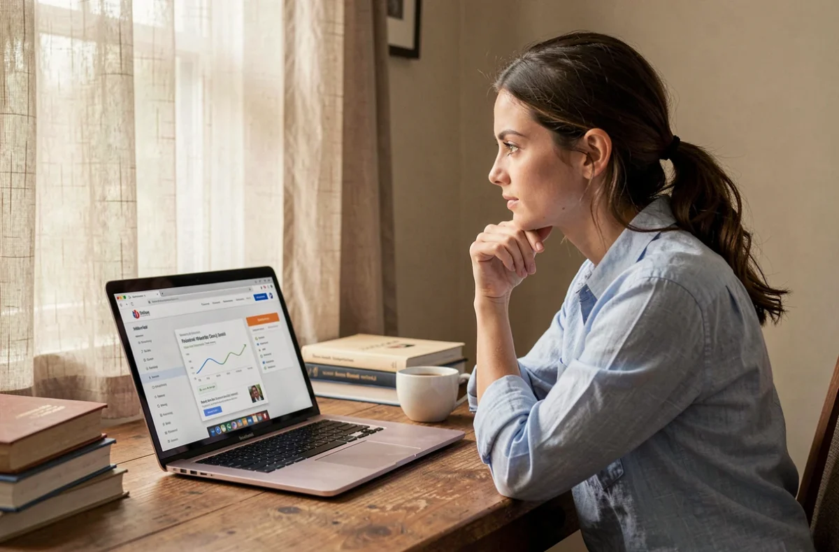 Femme faisant des recherches sur internet à propos du retrait de stérilet depuis son domicile
