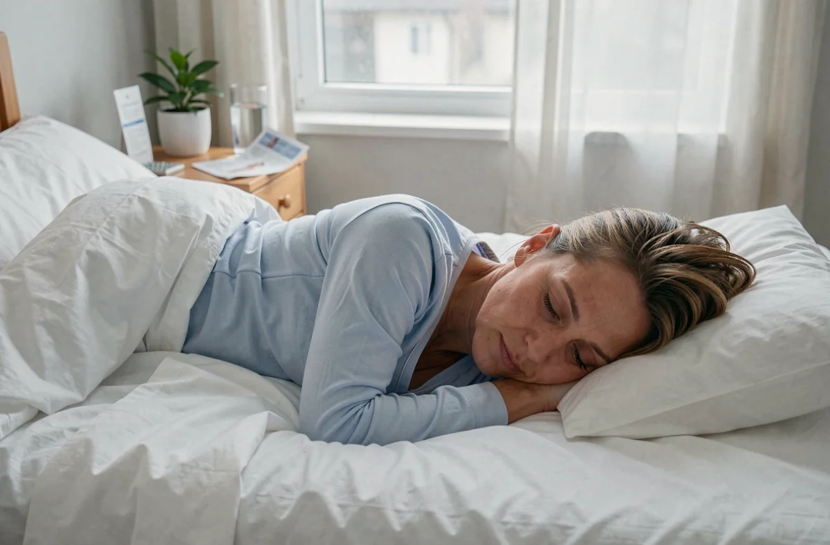 Femme allongée dans son lit en récupération post-opératoire après salpingectomie, exprimant une douleur abdominale persistante