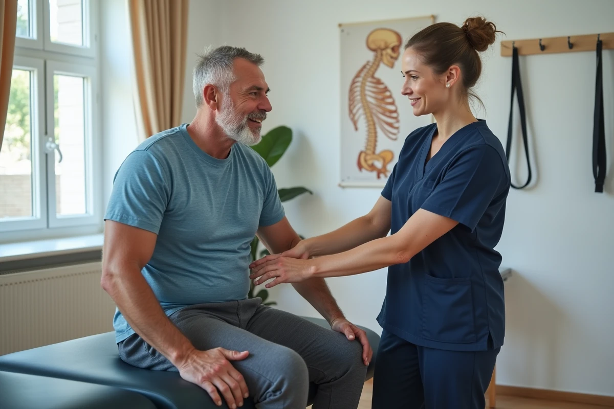 Patient en rééducation post-opératoire avec une kinésithérapeute après une chirurgie de hernie discale
