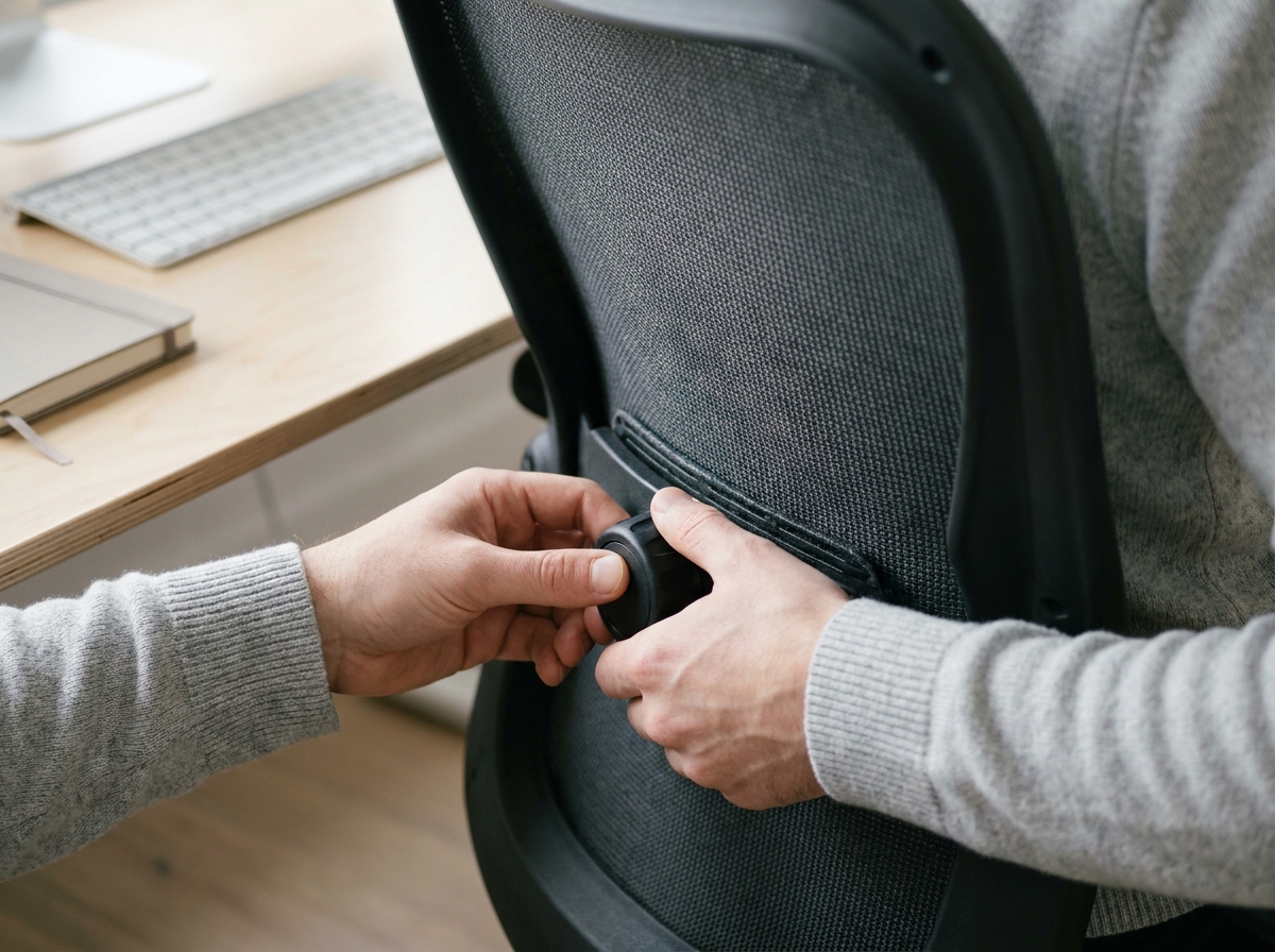 Gros plan sur le réglage du soutien lombaire d'un siège de bureau ergonomique, mettant en valeur l'importance de l'assise pour prévenir le mal de dos