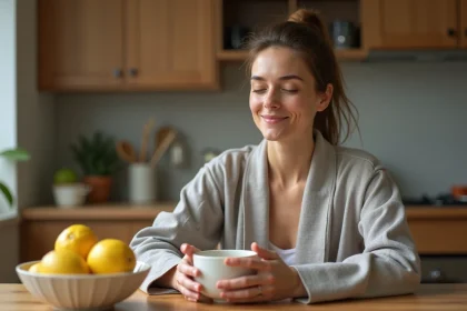 Femme tenant une tasse de tisane au gingembre pour soulager le reflux gastrique naturellement