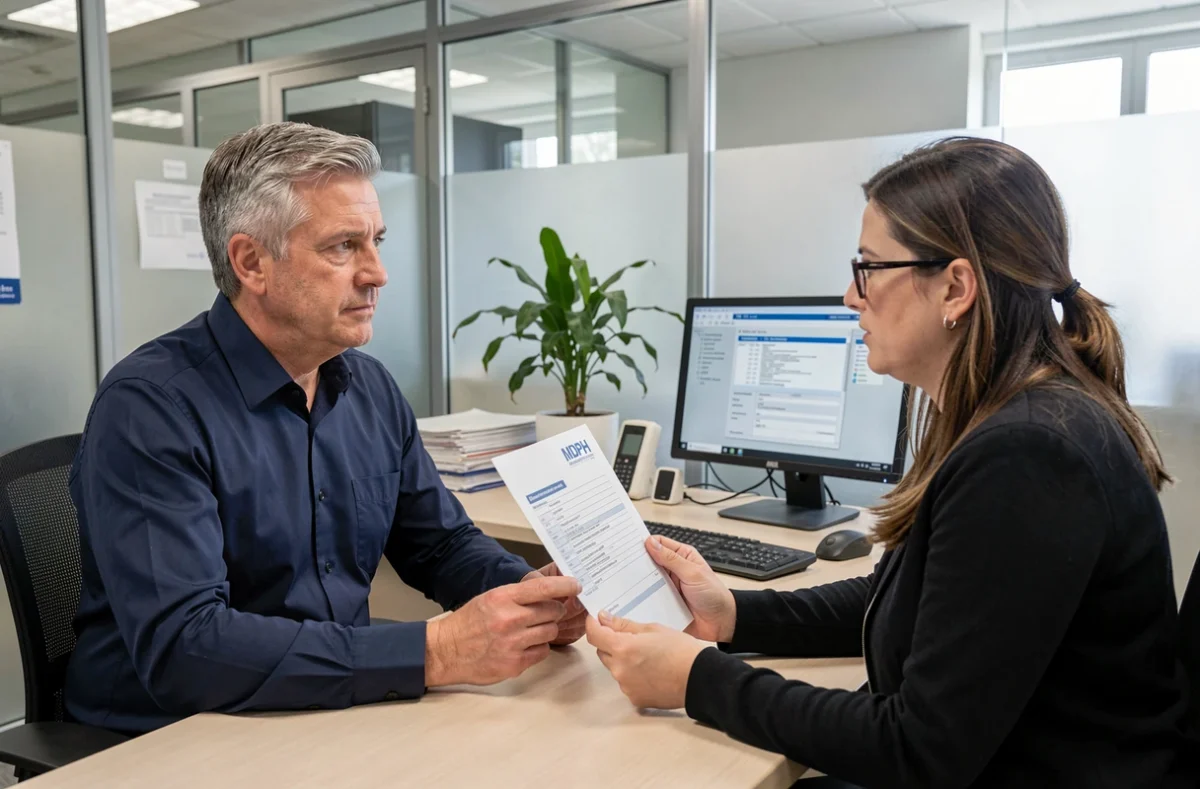Homme en rendez-vous avec une conseillère MDPH pour évaluer la reconnaissance de sa pathologie
