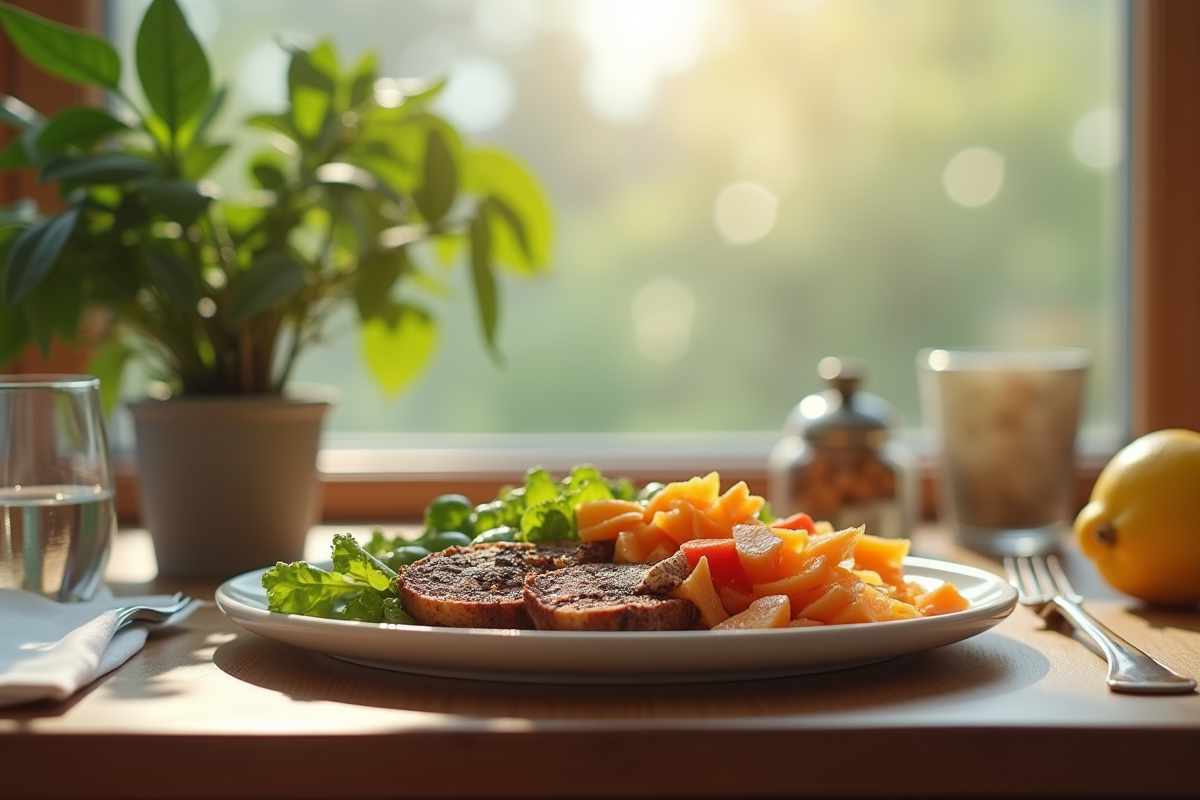 Repas sain laissé sur une table de cuisine en lumière naturelle