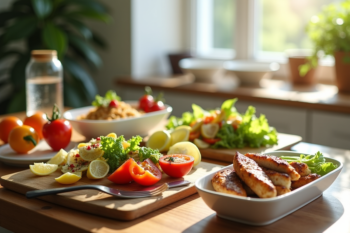 Assortiment de repas sains sur une table en bois en journée lumineuse