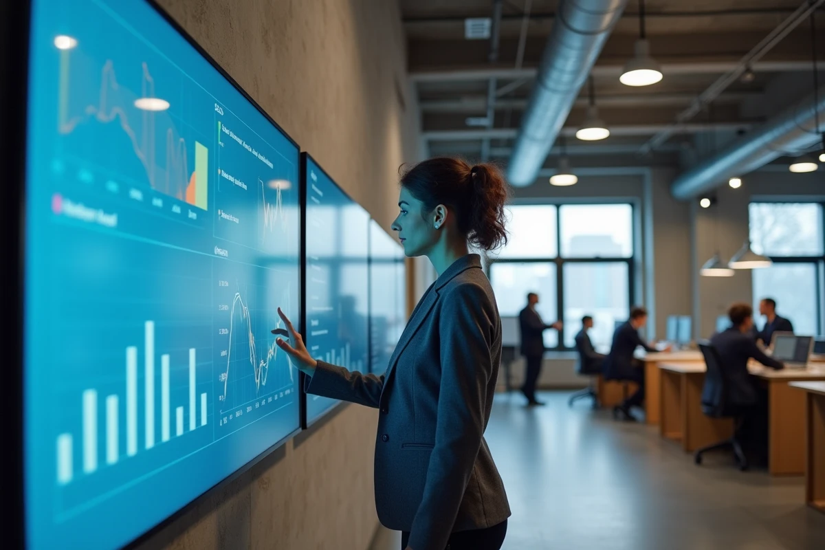 Responsable PME devant un écran interactif affichant des données de production en temps réel dans un open space industriel