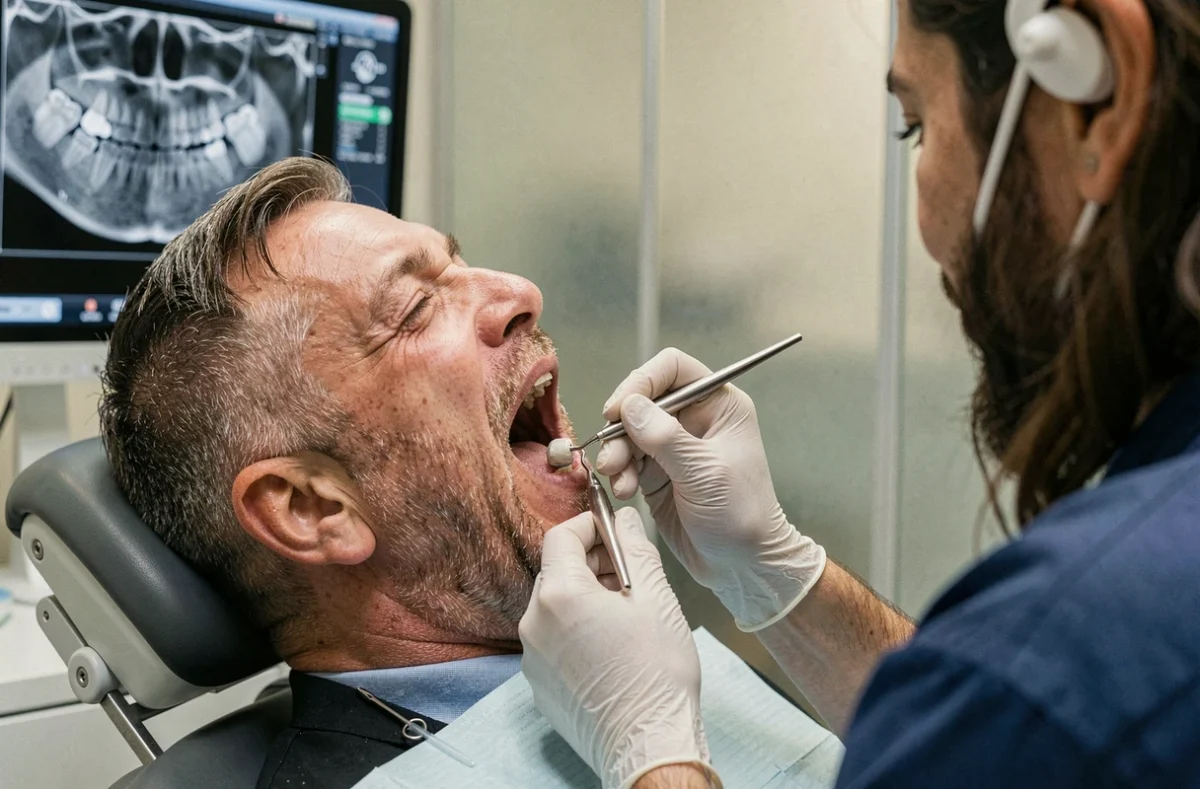 Dentiste appliquant une restauration composite sur une prémolaire usée d'un patient adulte dans un cabinet dentaire contemporain
