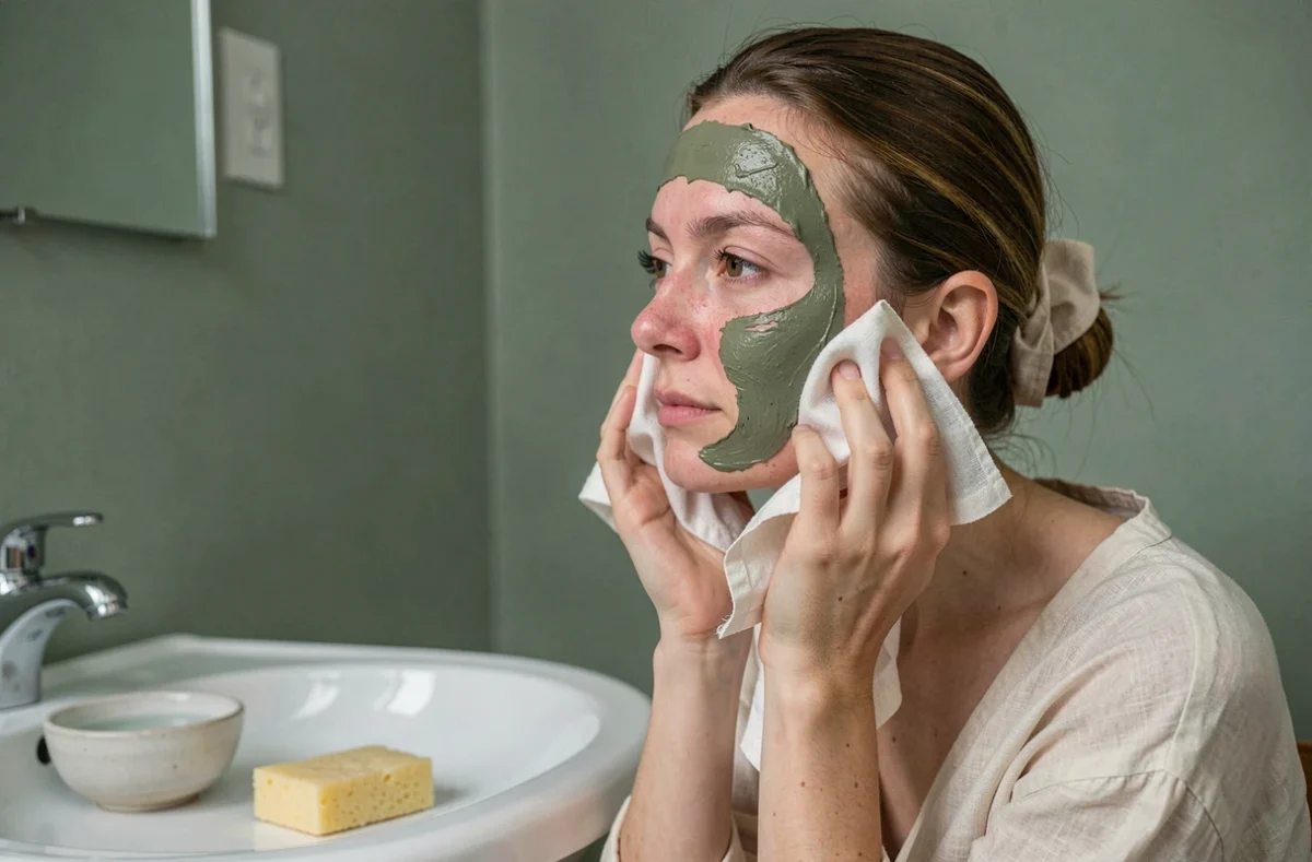 Femme retirant délicatement un masque d'argile verte avec un tissu doux humide