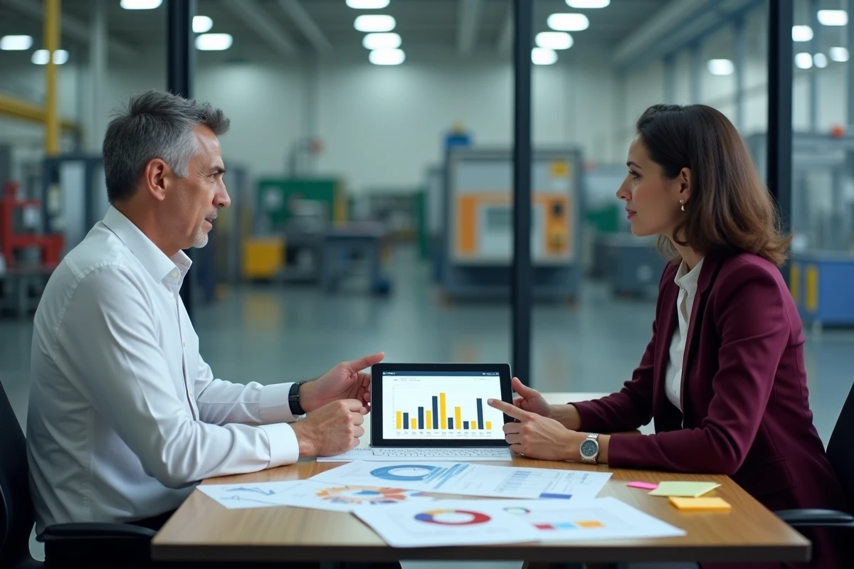 Directeur financier et responsable opérations PME industrielle en réunion autour de rapports BI et graphiques de rentabilité