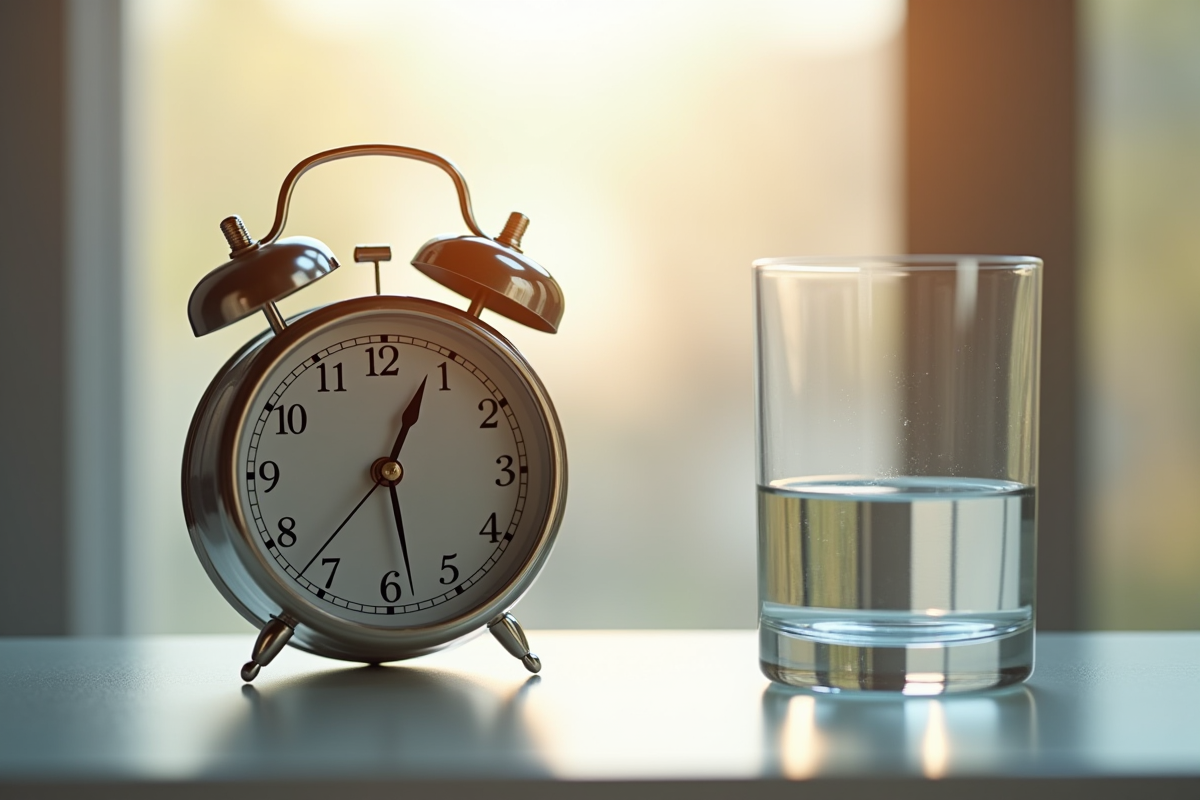 Réveil affichant 7h30 avec une bouteille d