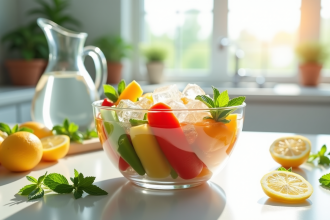 Salade de légumes frais dans un bol coloré sur plan de travail blanc
