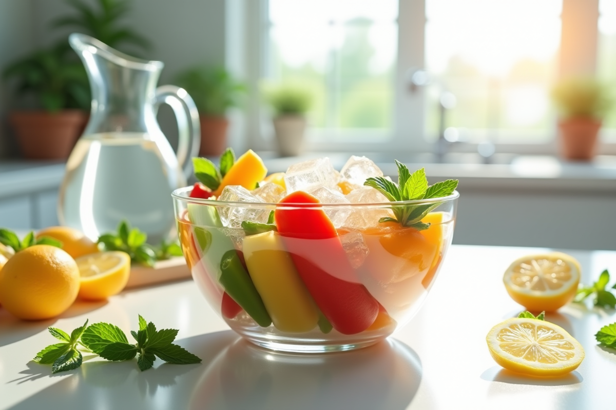 Salade de légumes frais dans un bol coloré sur plan de travail blanc
