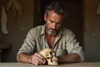 Chercheur en sciences préhistoire examinant un crâne ancien