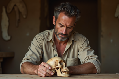 Chercheur en sciences préhistoire examinant un crâne ancien