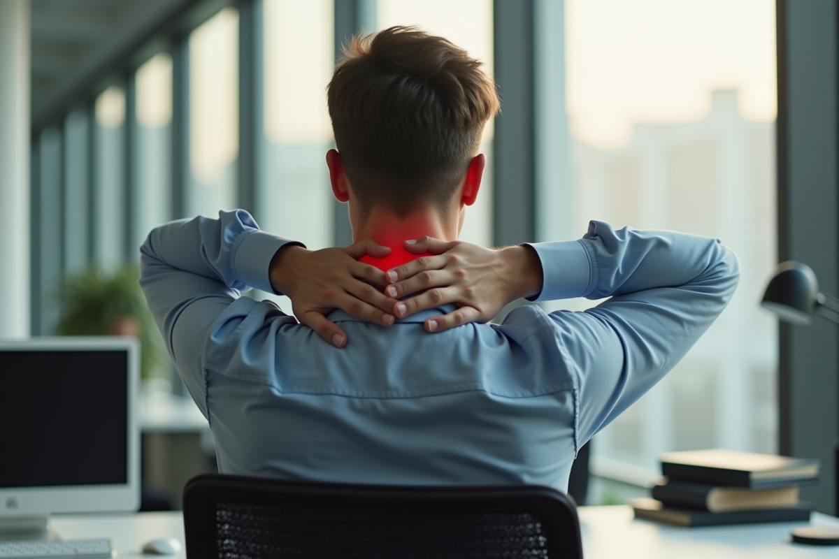 Employe de bureau se massant le cou et l epaule en travaillant