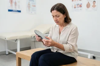 Femme examinant une semelle orthopédique sur mesure dans un cabinet de podologie pour soulager une brûlure au pied