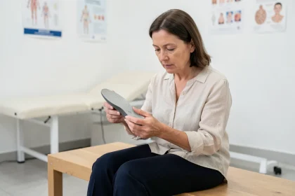 Femme examinant une semelle orthopédique sur mesure dans un cabinet de podologie pour soulager une brûlure au pied