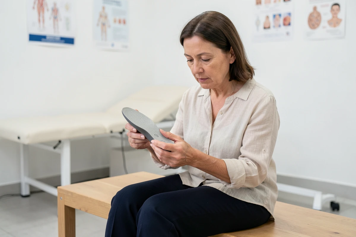 Femme examinant une semelle orthopédique sur mesure dans un cabinet de podologie pour soulager une brûlure au pied