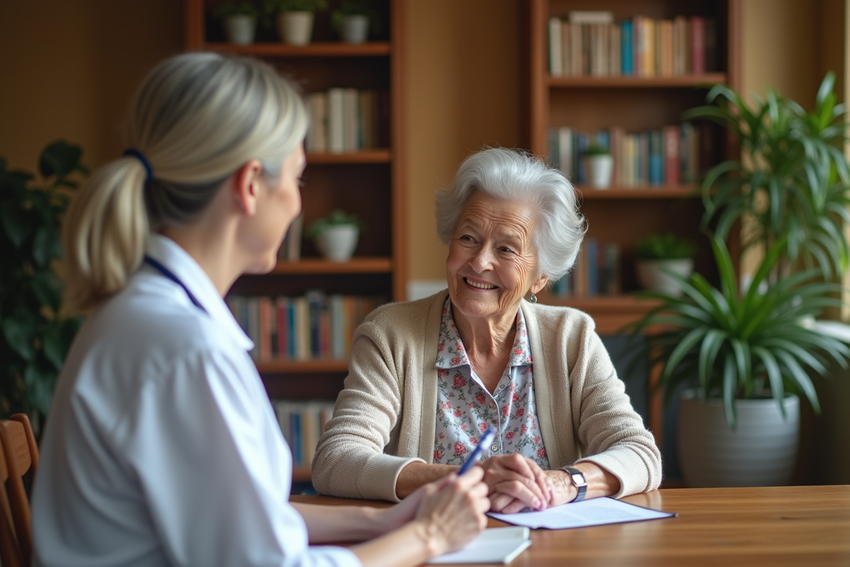 Seniore souriante avec aide-soignante dans un salon chaleureux