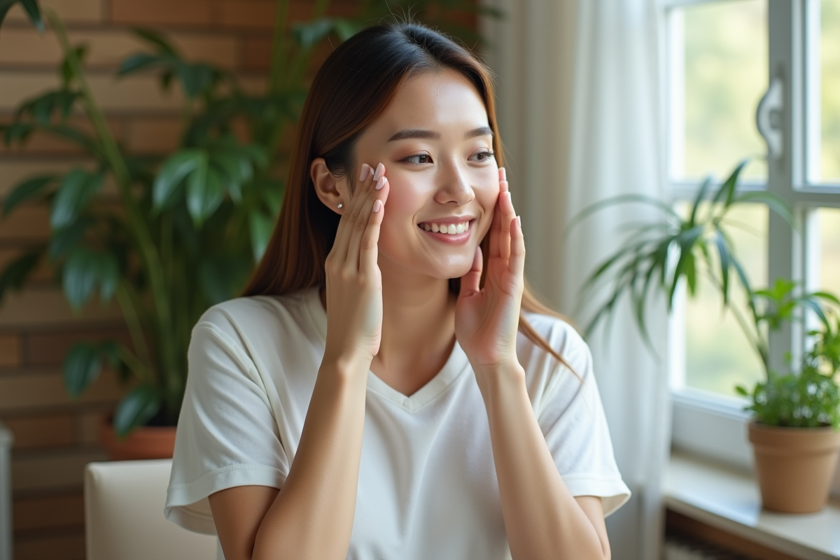 Femme appliquant une creme visage naturelle et apaisante