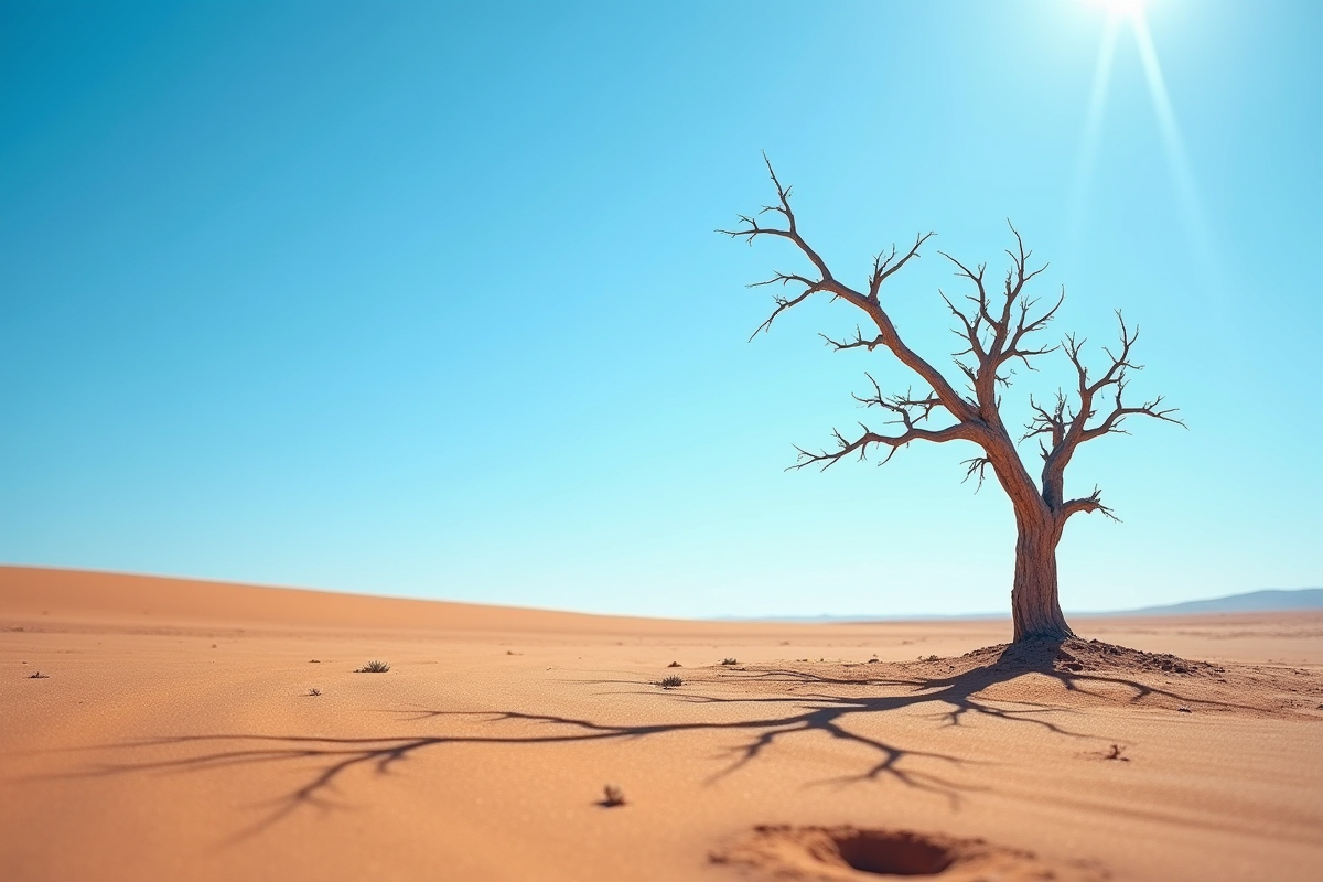 Paysage de sol aride avec arbre sec sous ciel bleu