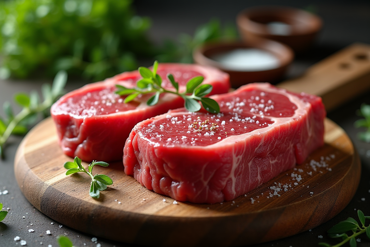 Steak de boeuf cru sur planche en bois avec herbes