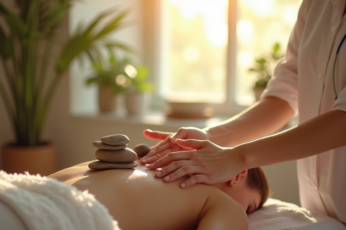 Studio de bien-être lumineux avec praticien et personne relaxée
