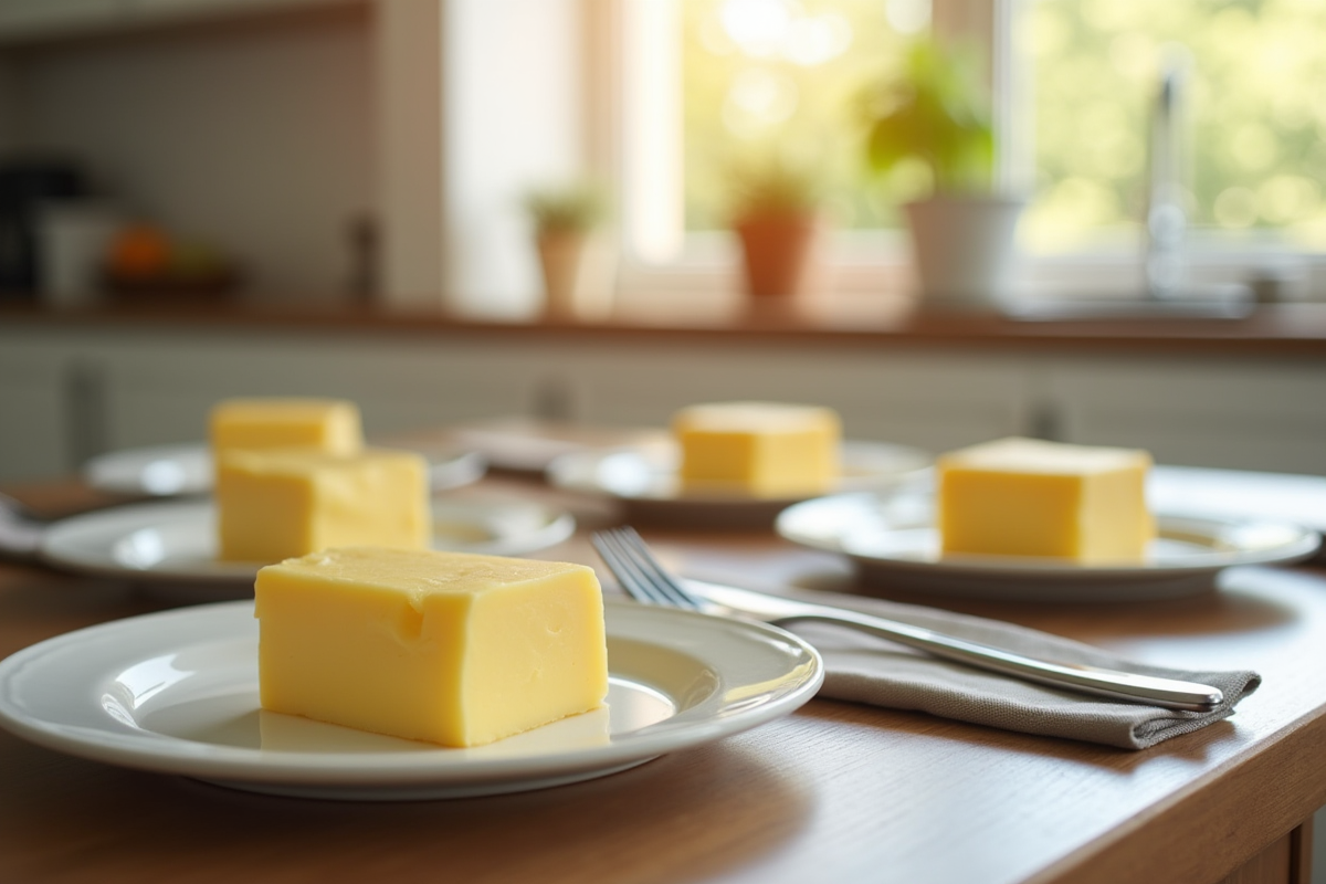 Table de dîner avec des blocs de beurre en assiettes lumineux