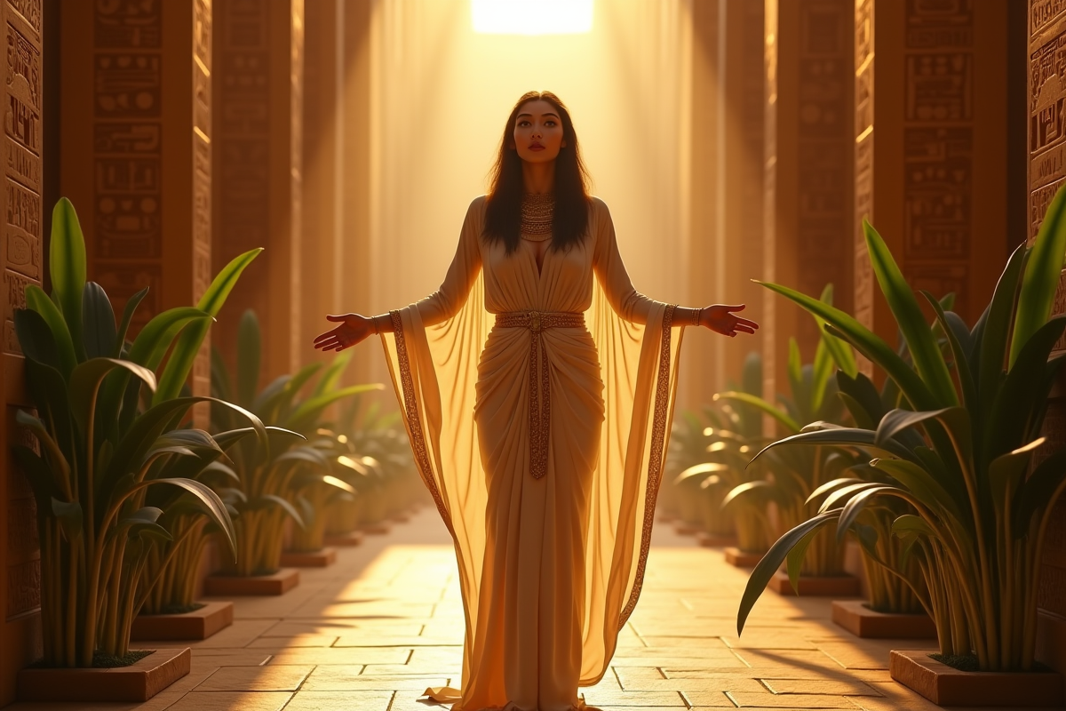 Intérieur d'un temple égyptien ancien au lever du soleil avec une femme évoquant Isis
