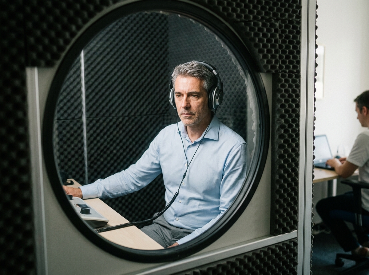 Patient portant un casque audio lors d'un test audiométrique dans une cabine insonorisée