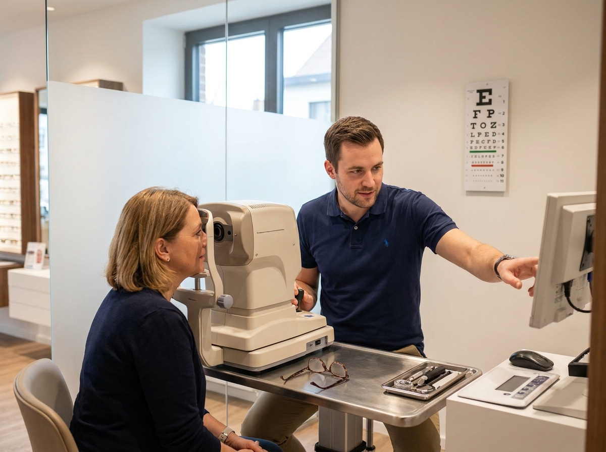 Opticien effectuant un test de réfraction avec un autoréfractomètre auprès d'une patiente dans une boutique d'optique