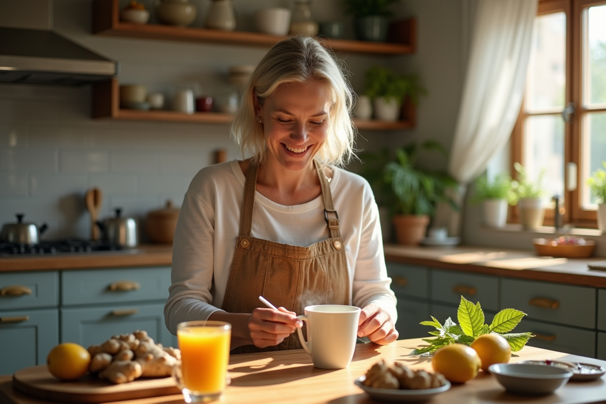 Femme souriante préparant une tisane aux herbes dans une cuisine lumineuse