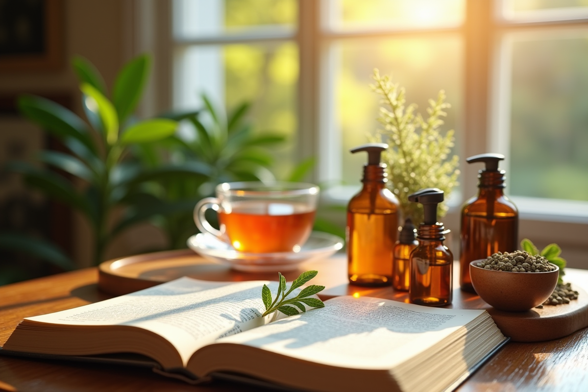 Tisane et huiles essentielles sur une table en bois à la maison