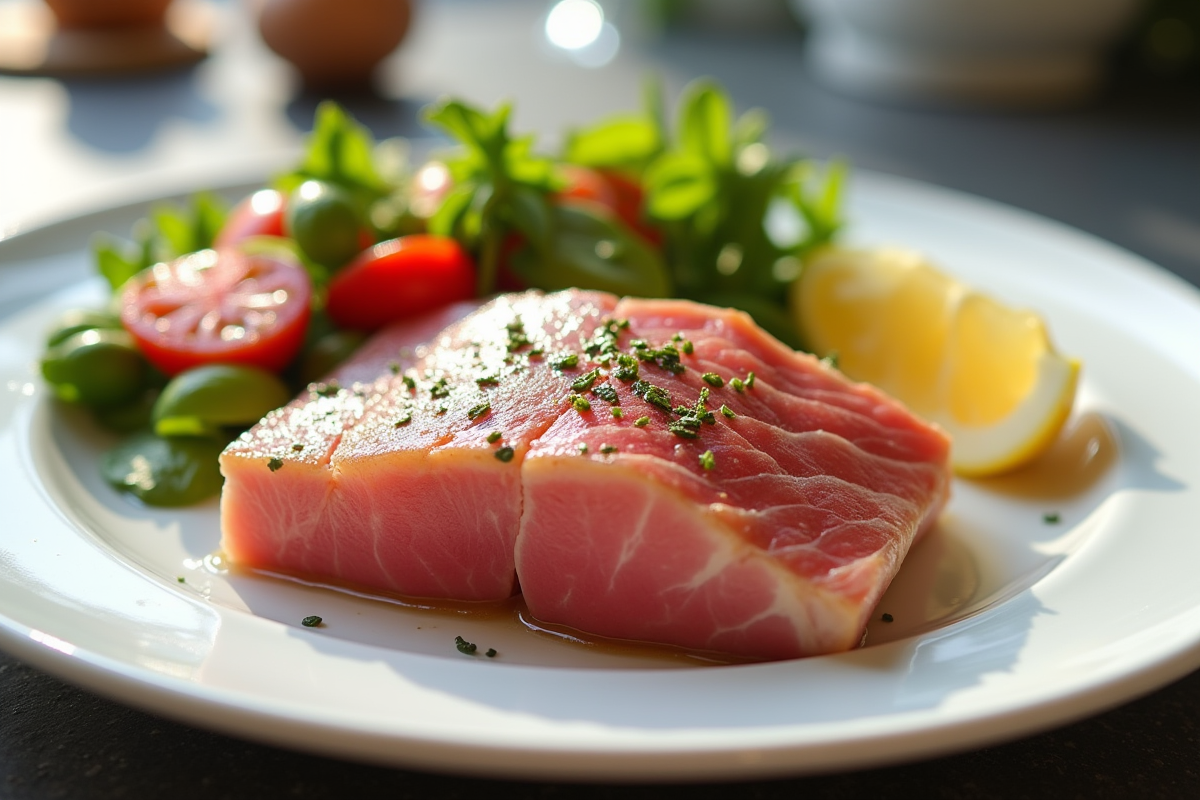 Tranche de thon frais sur une assiette avec salade colorée
