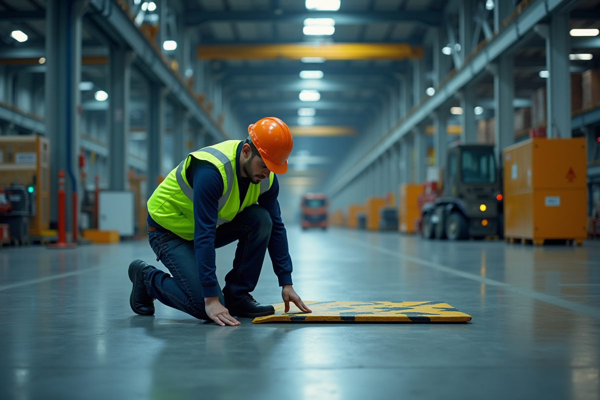 Ouvrier posant un tapis antidérapant en milieu industriel