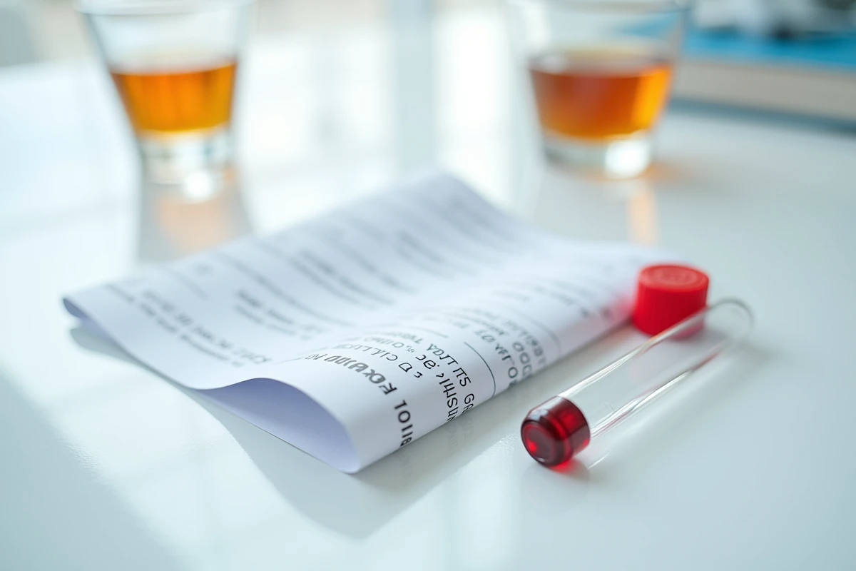 Tube de prise de sang, résultats d'analyse SGOT et verre d'alcool représentant le lien entre alcool et transaminases