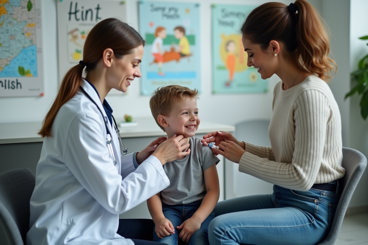 Infirmière administre un vaccin à un enfant souriant