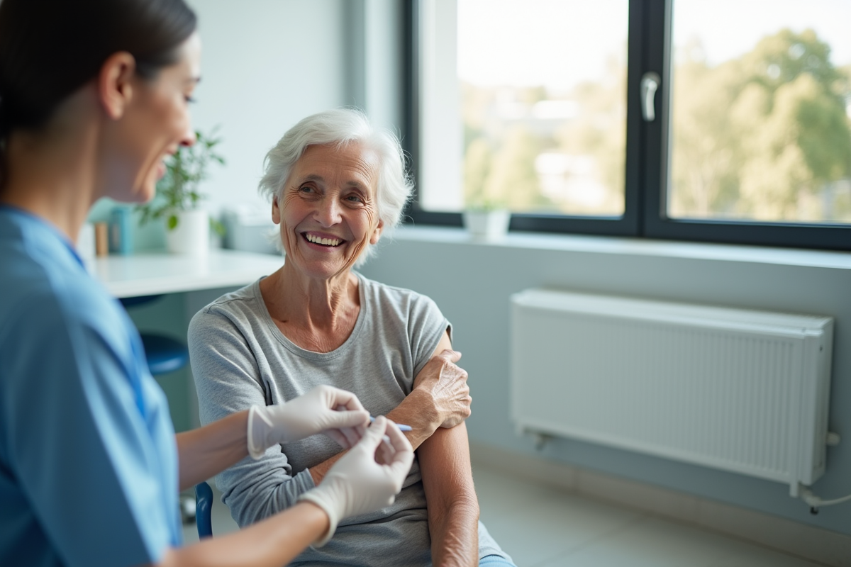 Femme âgée souriante lors d'une vaccination en clinique