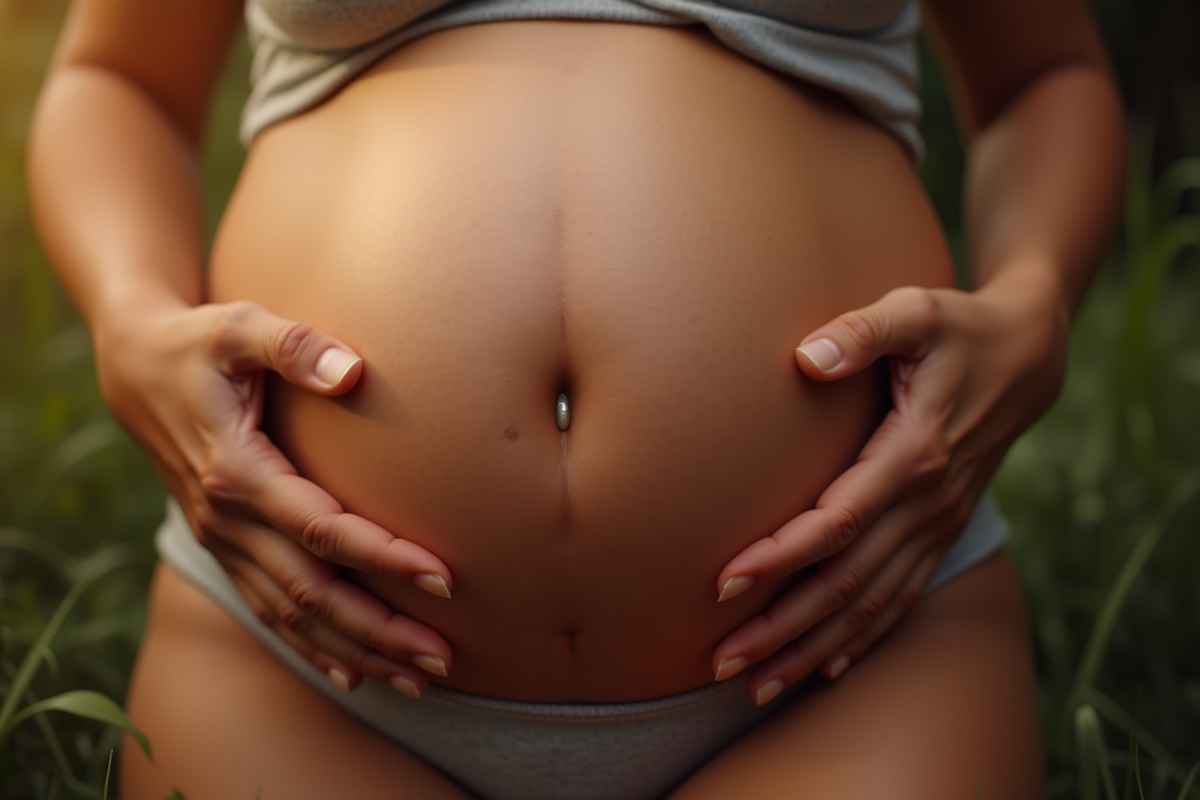 Gros plan sur le ventre de la femme enceinte avec ligne noire