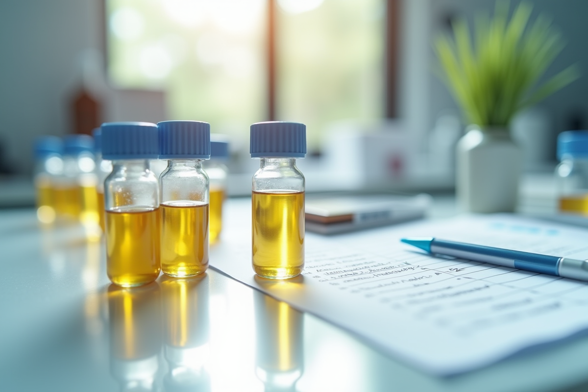 Vials et échantillons d urine sur table de laboratoire