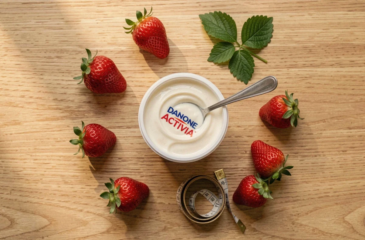 Yaourt Activia ouvert avec fraises et mètre ruban sur table en bois, symbolisant régime et minceur